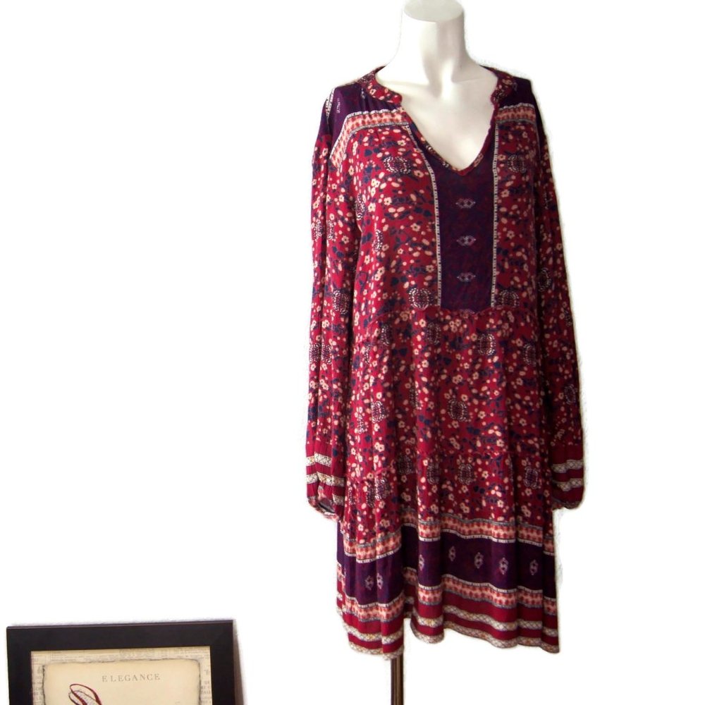 KNOX ROSE Floral Peasant Long Sleeve Dress L Boho Bohemian V Neck